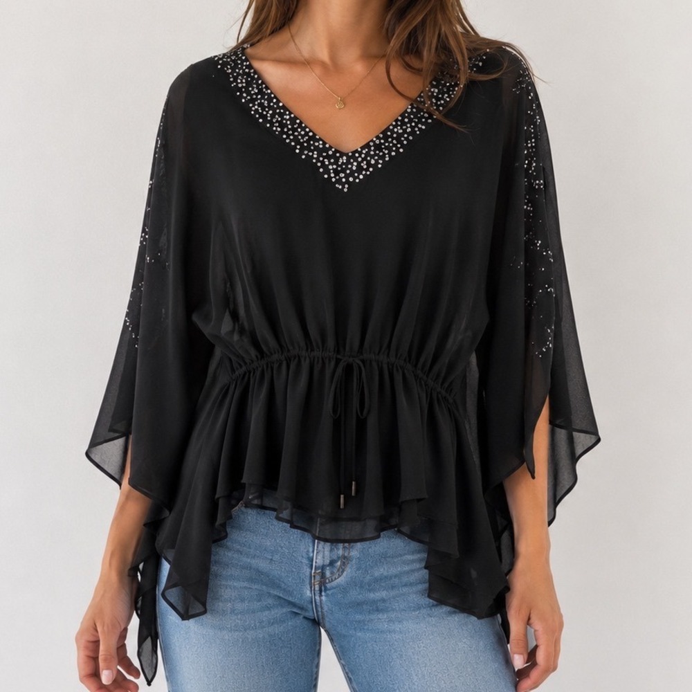 Vintage Umgee USA Black Sequin Sheer Poncho Blouse Small Boho Evening Y2K Top - Picture 1 of 11